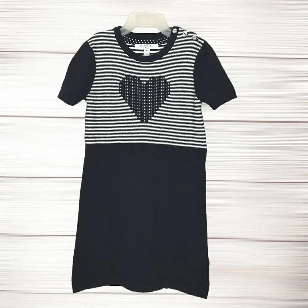 BROOKS BROTHERS Girls Knit Dress Cotton Navy White Striped with Heart M (7-8 y)